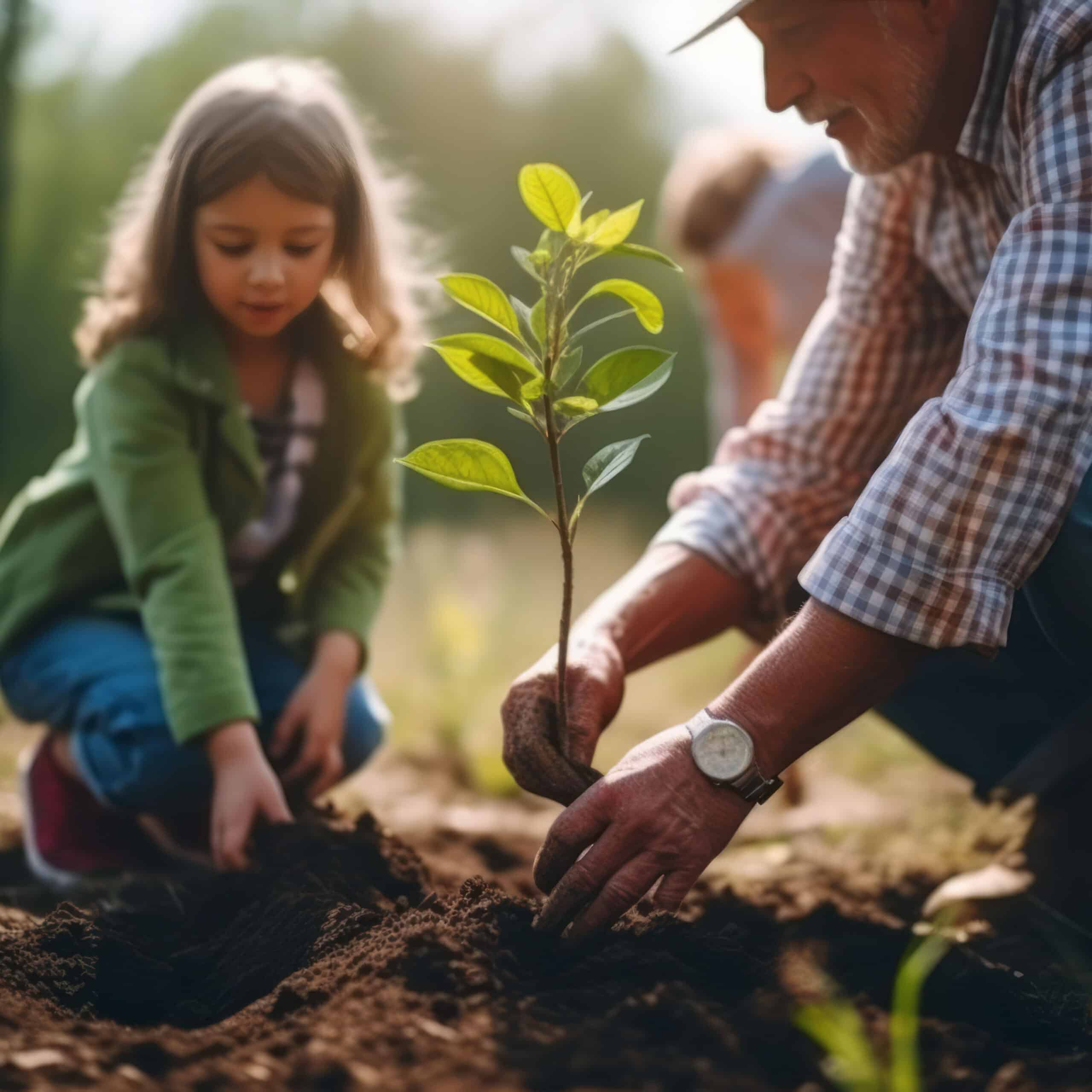 Grandfather and granddaughter building healthy family relationships by planting a seedling tree together.