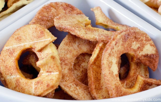 Cinnamon Sugar Dried apples in a white dish 