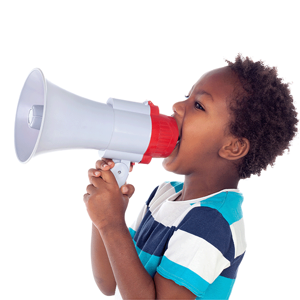 Boy yelling into megaphone on white background