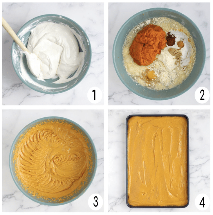 Process shots showing how to make pumpkin cake. 