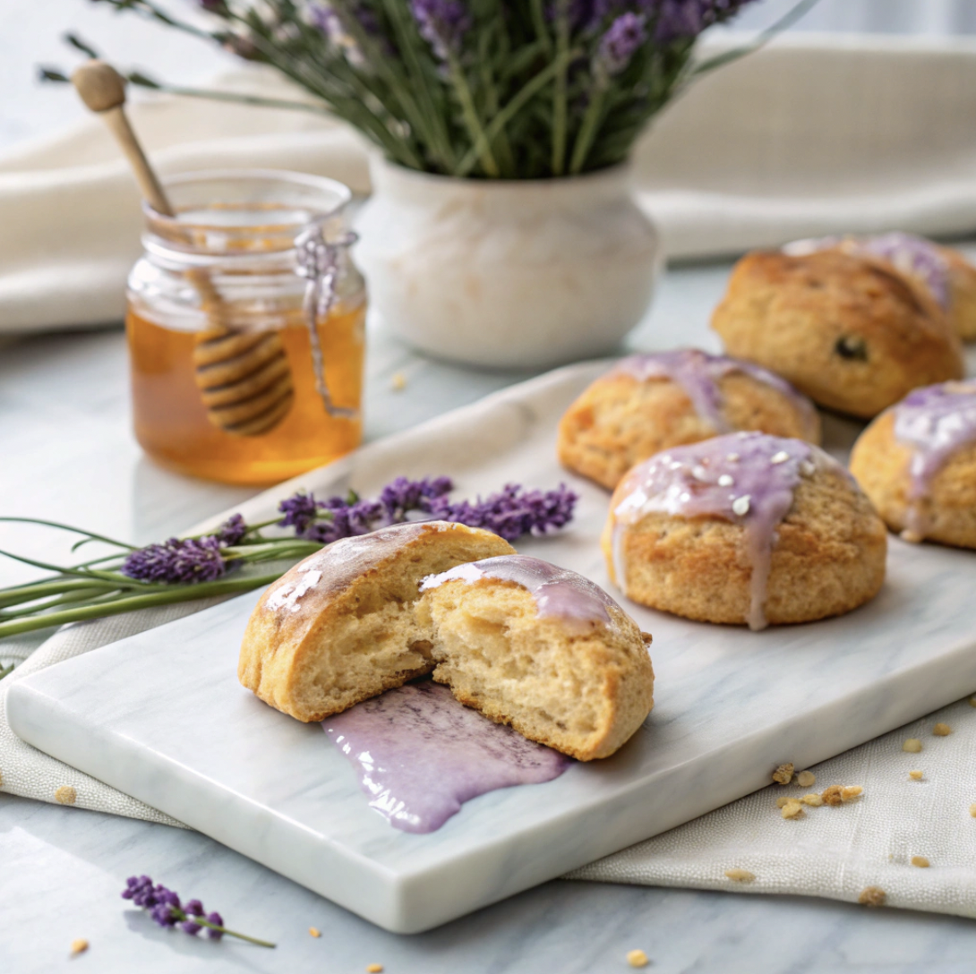 Professional food photography of golden Lavender Honey Scones with a glossy lavender-honey glaze, arranged on a white marble board. One scone is split open, revealing a tender, flaky interior, with a drizzle of glaze dripping down the side. A small jar of honey and a sprig of fresh lavender sit in the background, set against a soft, natural light backdrop.