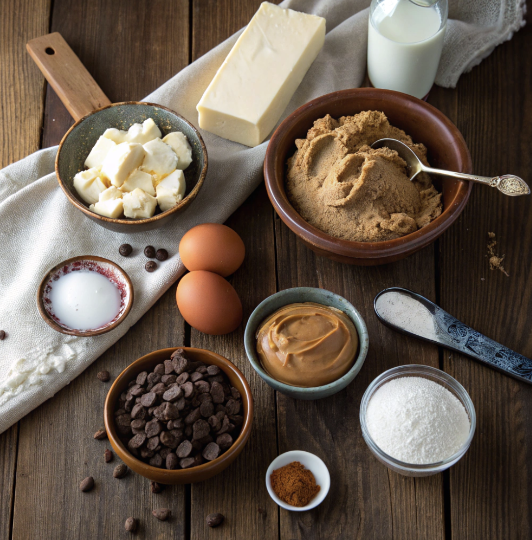 Ingredients needed to make a peanut butter chocolate chip skillet cookie on a wooden table top with a white linen.