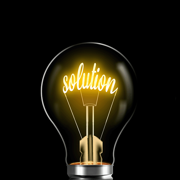 Light bulb on black background with the word Solution as the filament