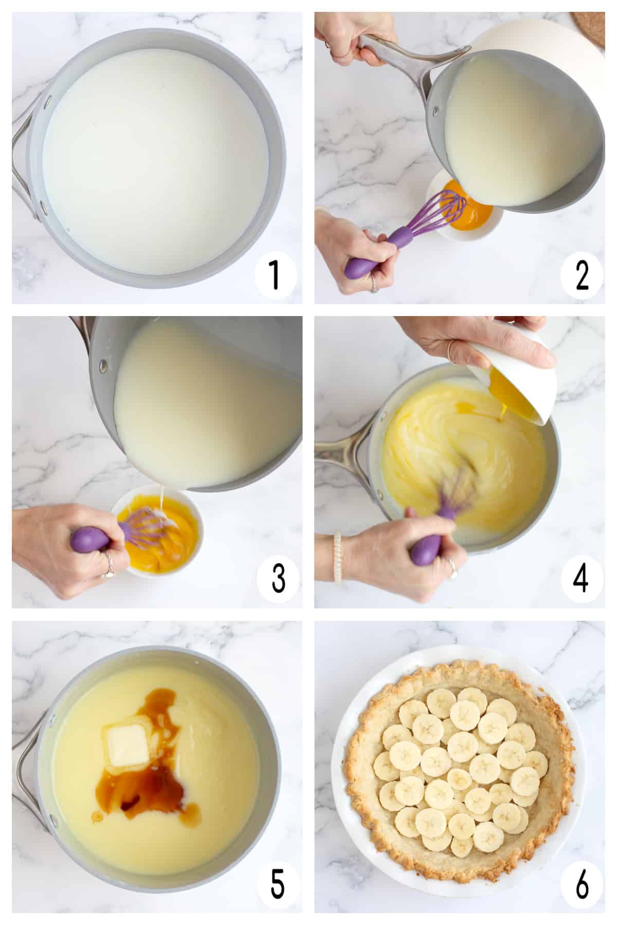 Process shots for how to make banana cream pie. 