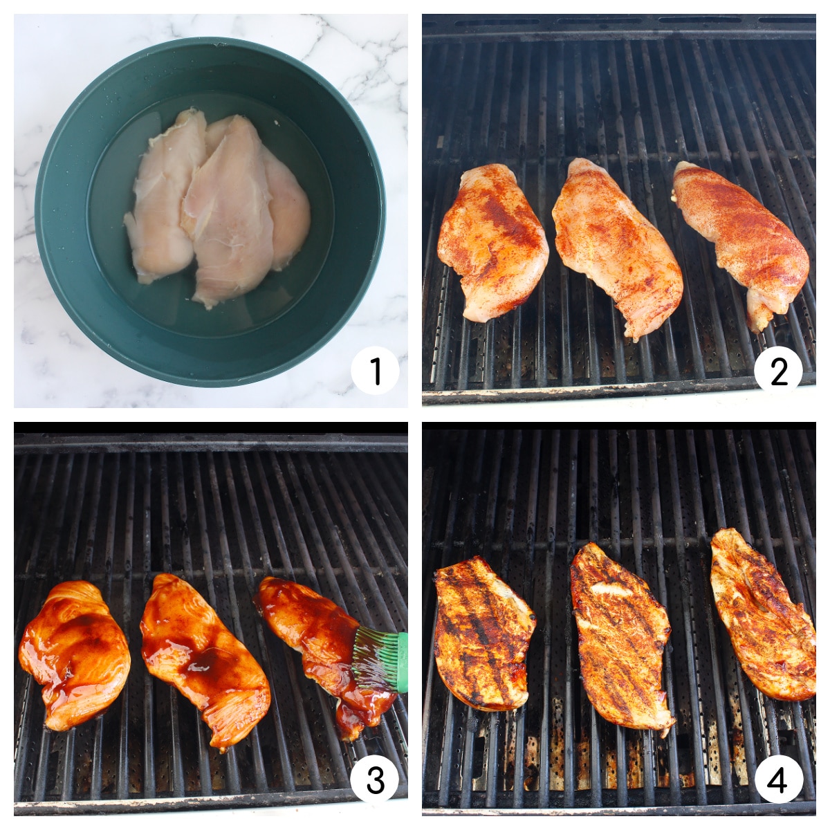 Process shots showing how to make grilled bbq chicken breasts.