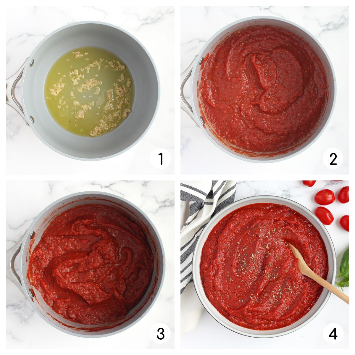 Process shots for how to make pizza sauce from scratch. 