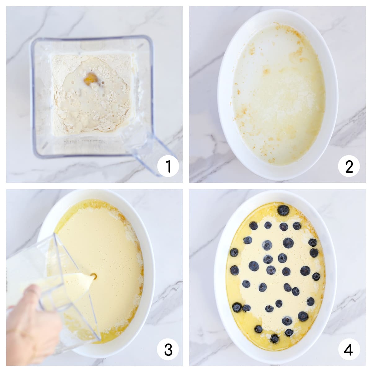 Process shots showing how to make a dutch baby pancake with blueberries. 