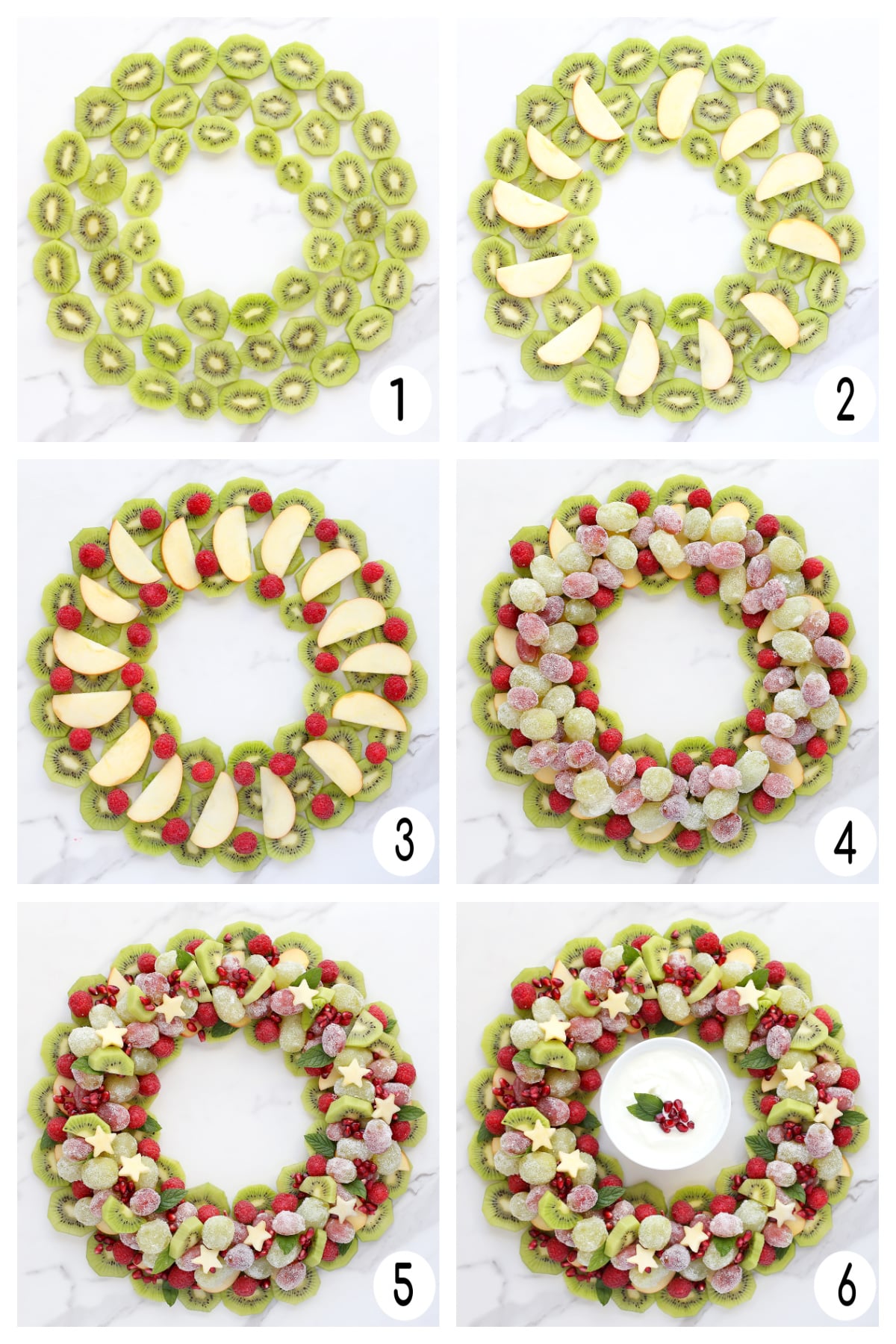 Process shots showing how to make a christmas fruit wreath. 