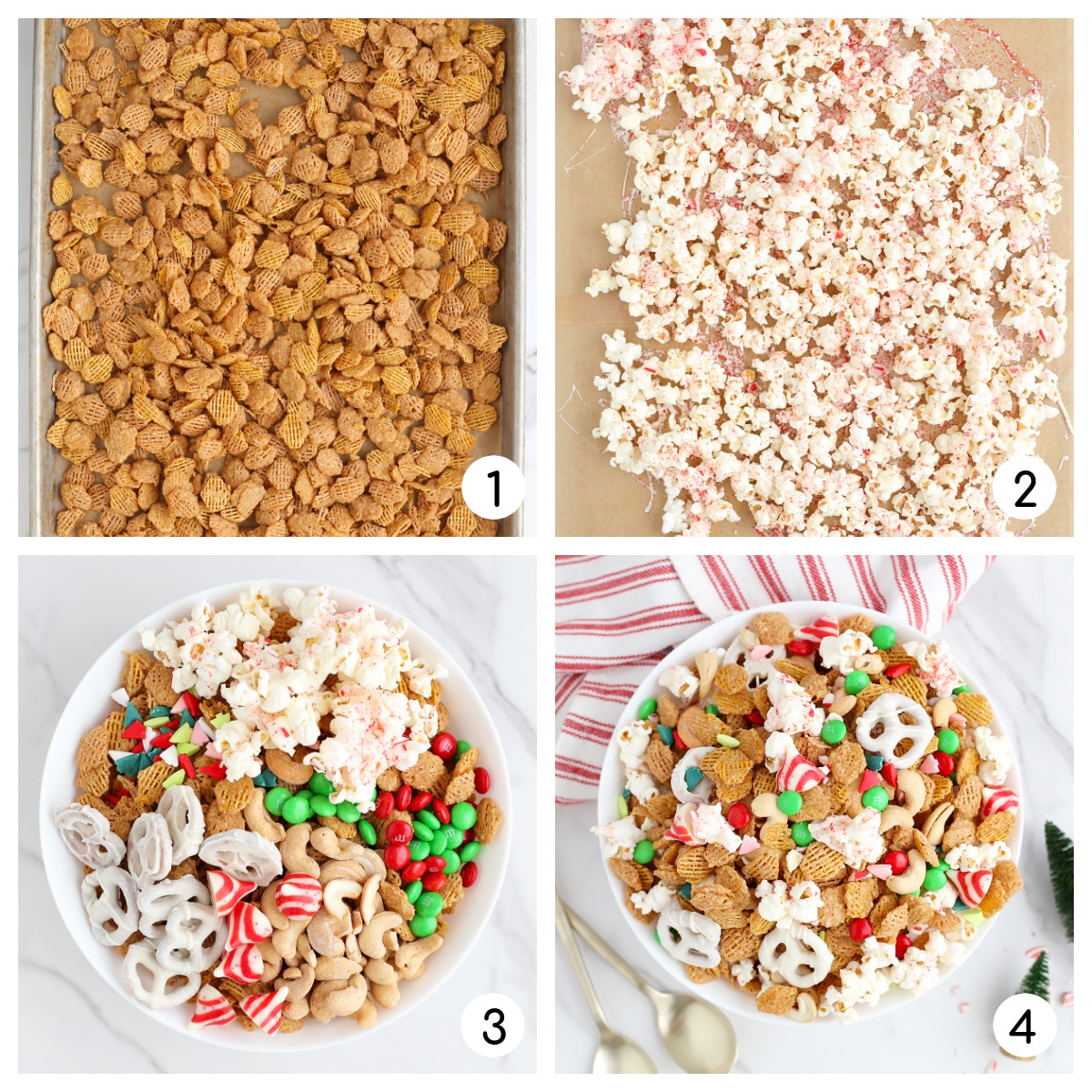 Process shots showing how to make this sweet christmas snack mix. 