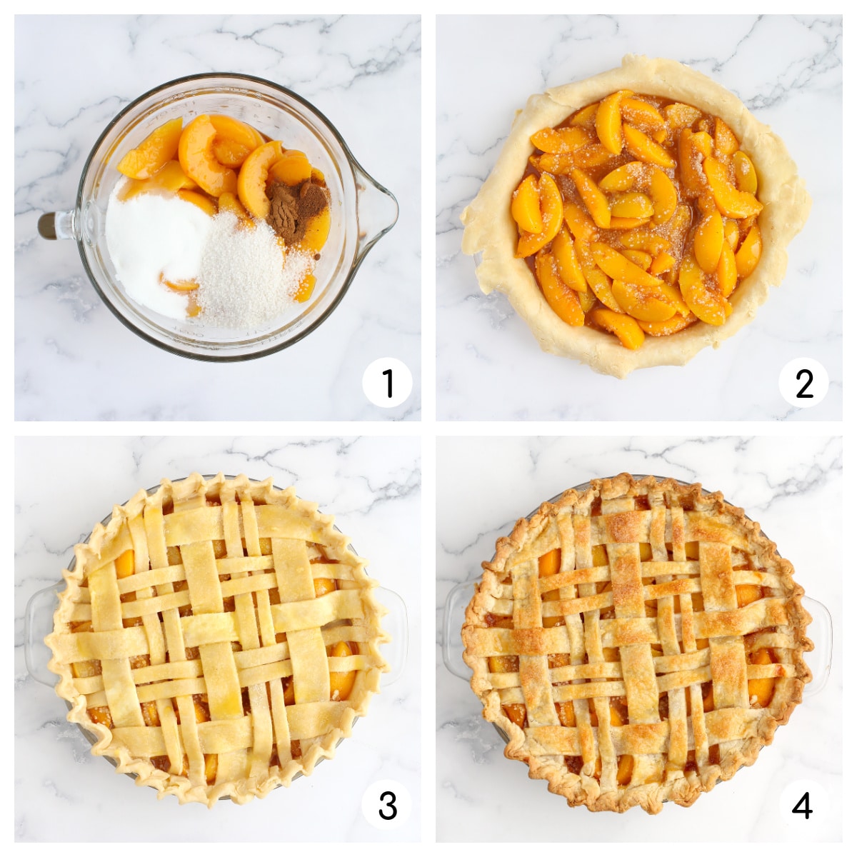 Process shots showing how to make homemade peach pie. 