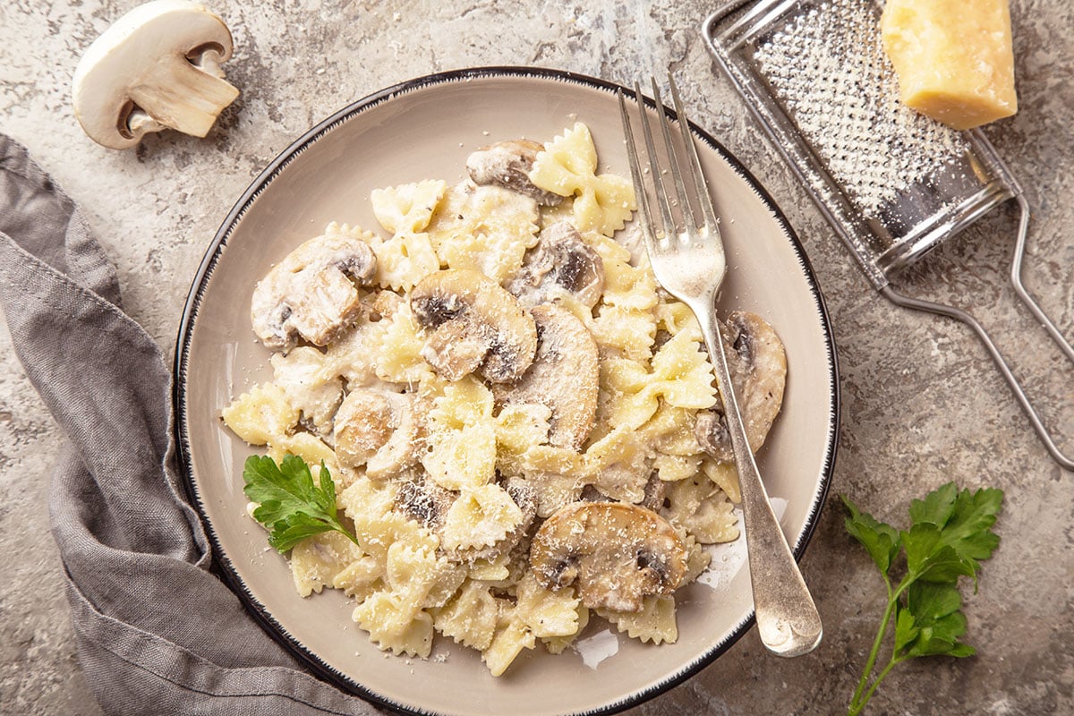 creamy mushroom pasta on a gray plate with parmesan cheese, parsley and mushrooms in the background. 