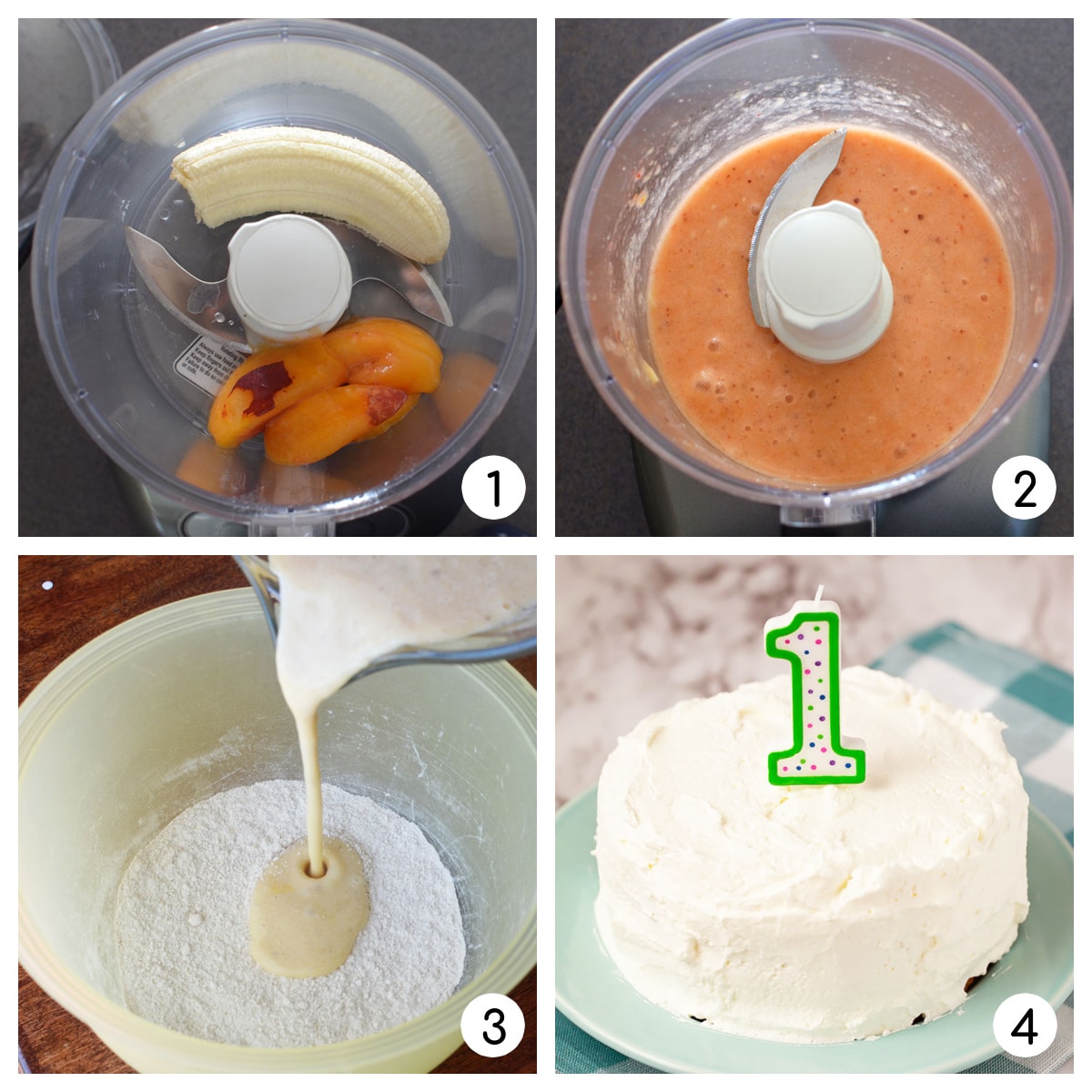 step by step photos to make baby's first birthday cake. Blending fruit puree, mixing ingredients, frosting cake.