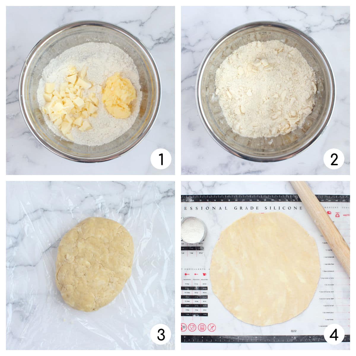 Process shots showing how to make homemade pie crust. 