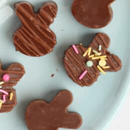 peanut butter cup bunnies on a blue plate