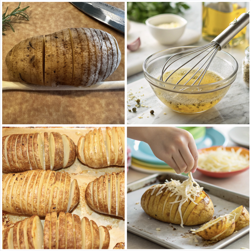 Step by step photos showing how to make cheesy garlic hassleback potatoes.