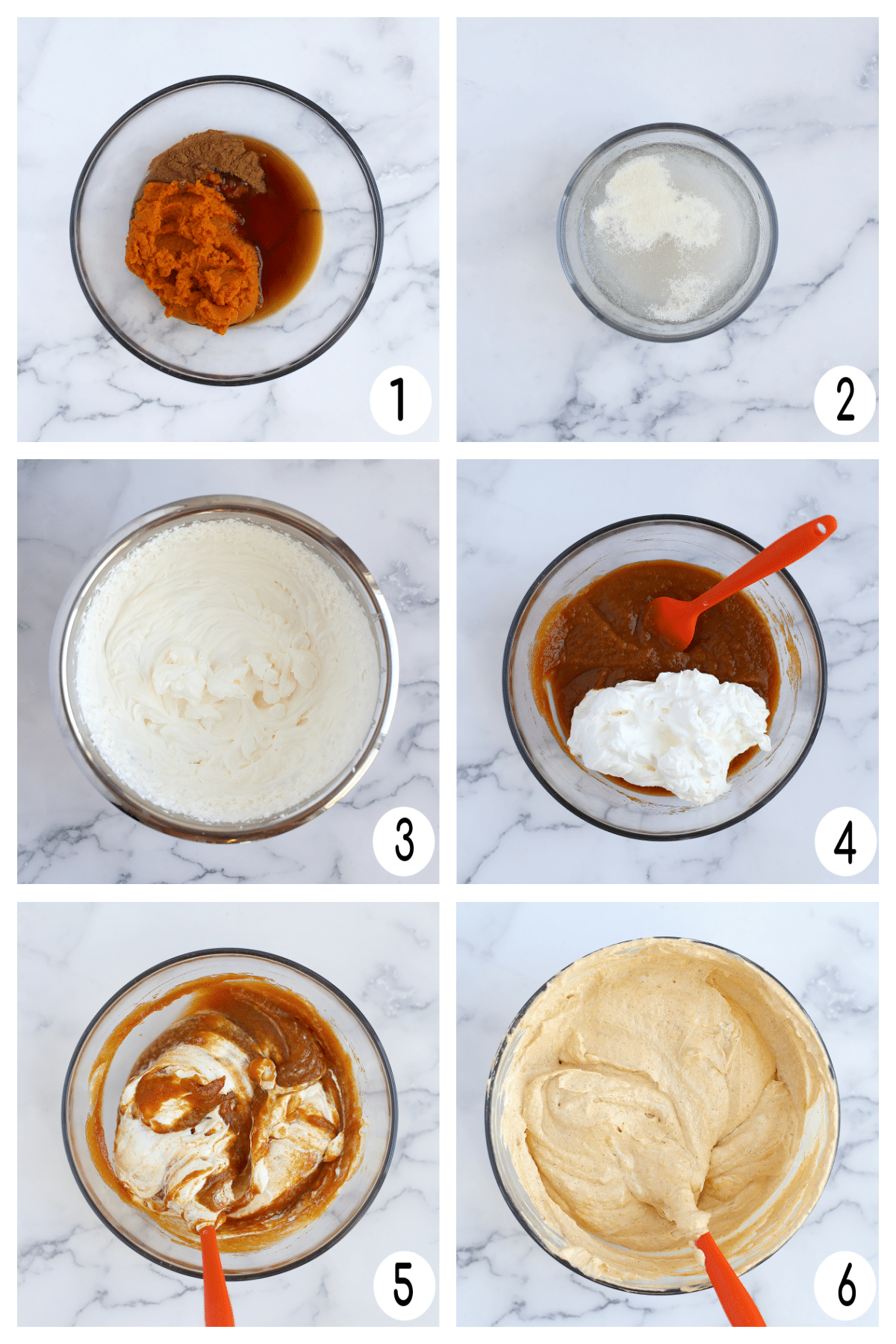 Overhead process shots showing how to make pumpkin mousse.