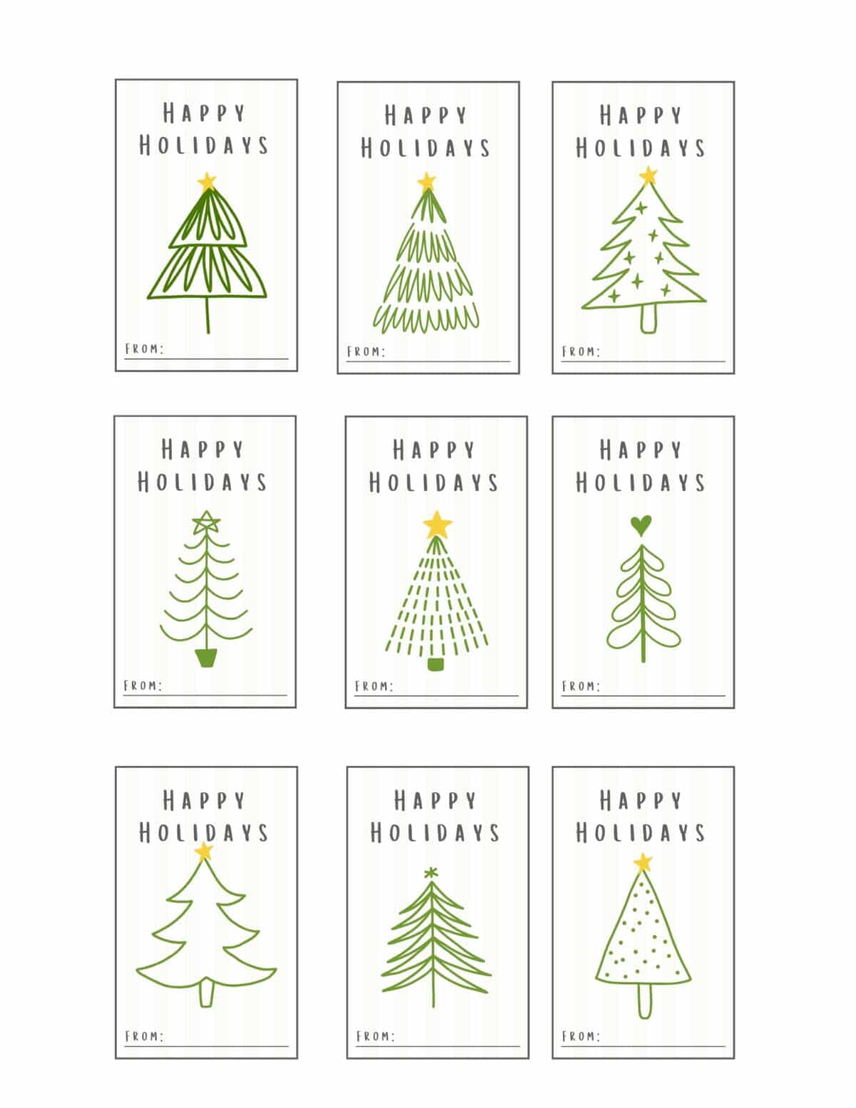Printable gifting tags with a christmas tree design that says happy holidays. 