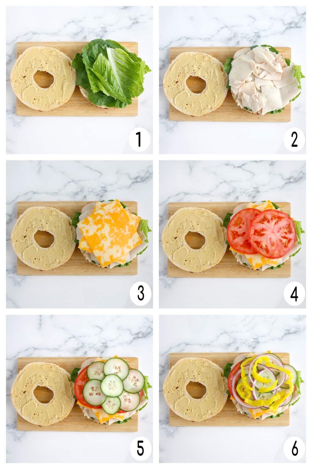 Process shots showing how to make turkey bagel sandwiches. 