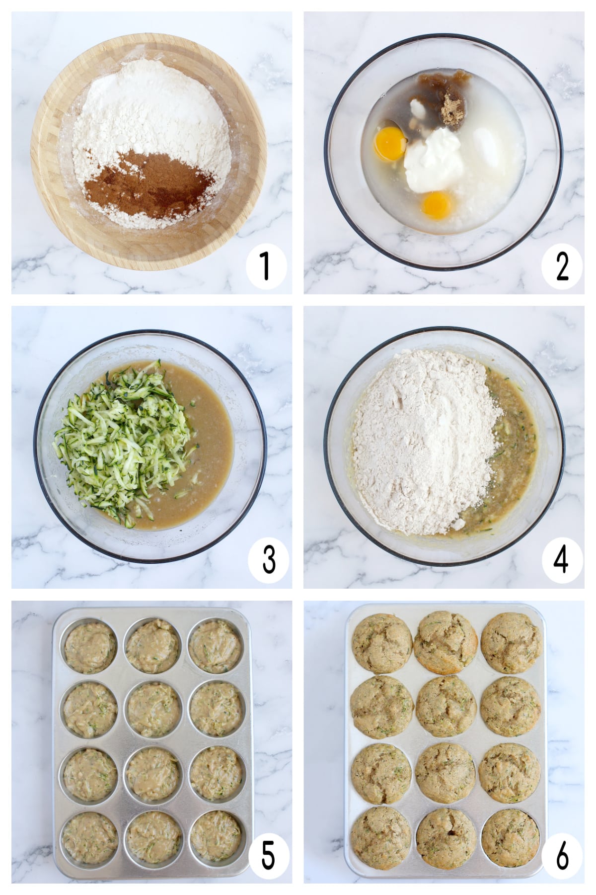 Overhead process shots showing how to make homemade zucchini muffins. 